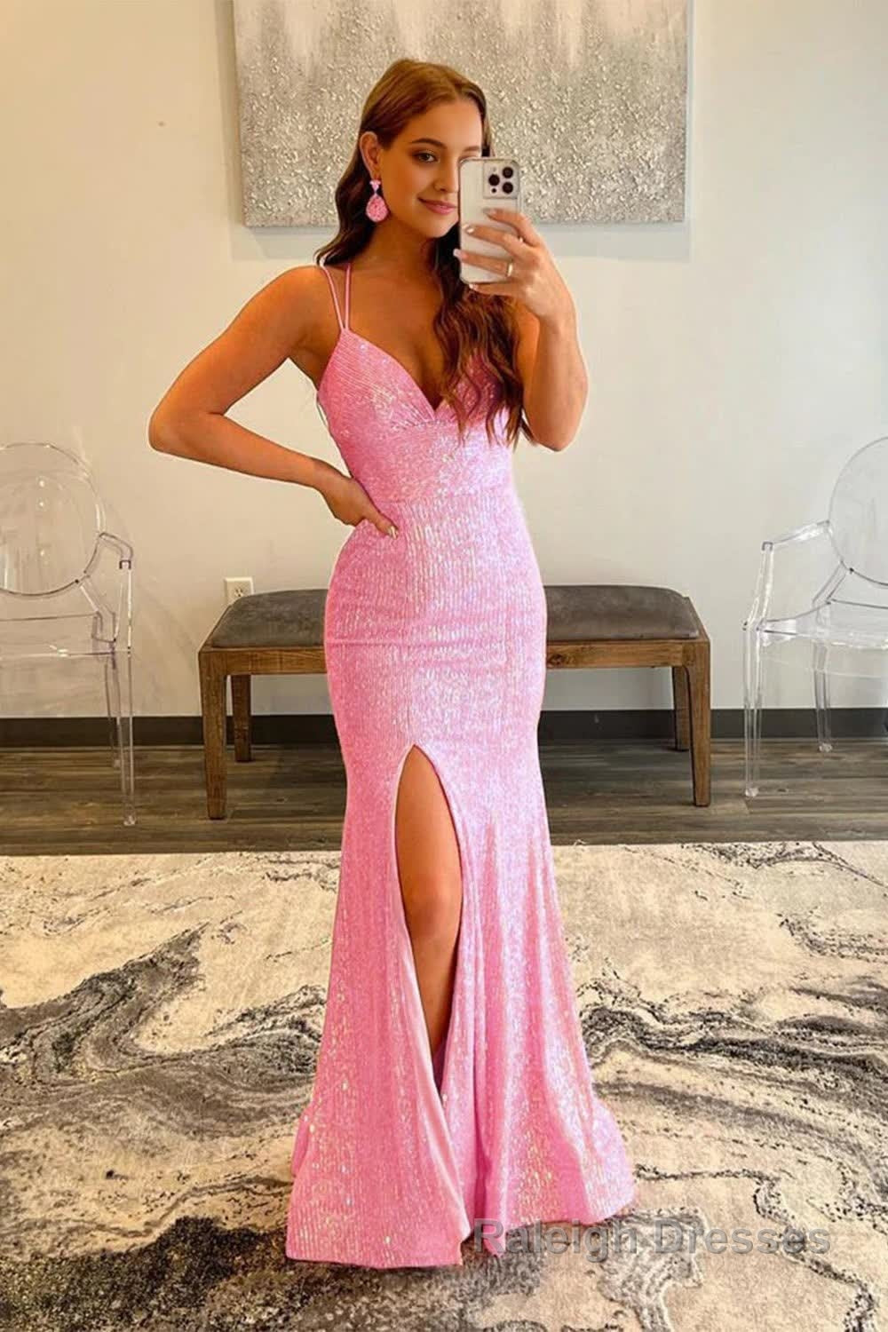Pink Sequins Mermaid Prom Dress Main image
