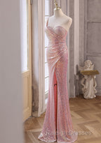 Pink Sequins Mermaid Sweetheart Long Prom Dress, Pink Sequins Evening Dress