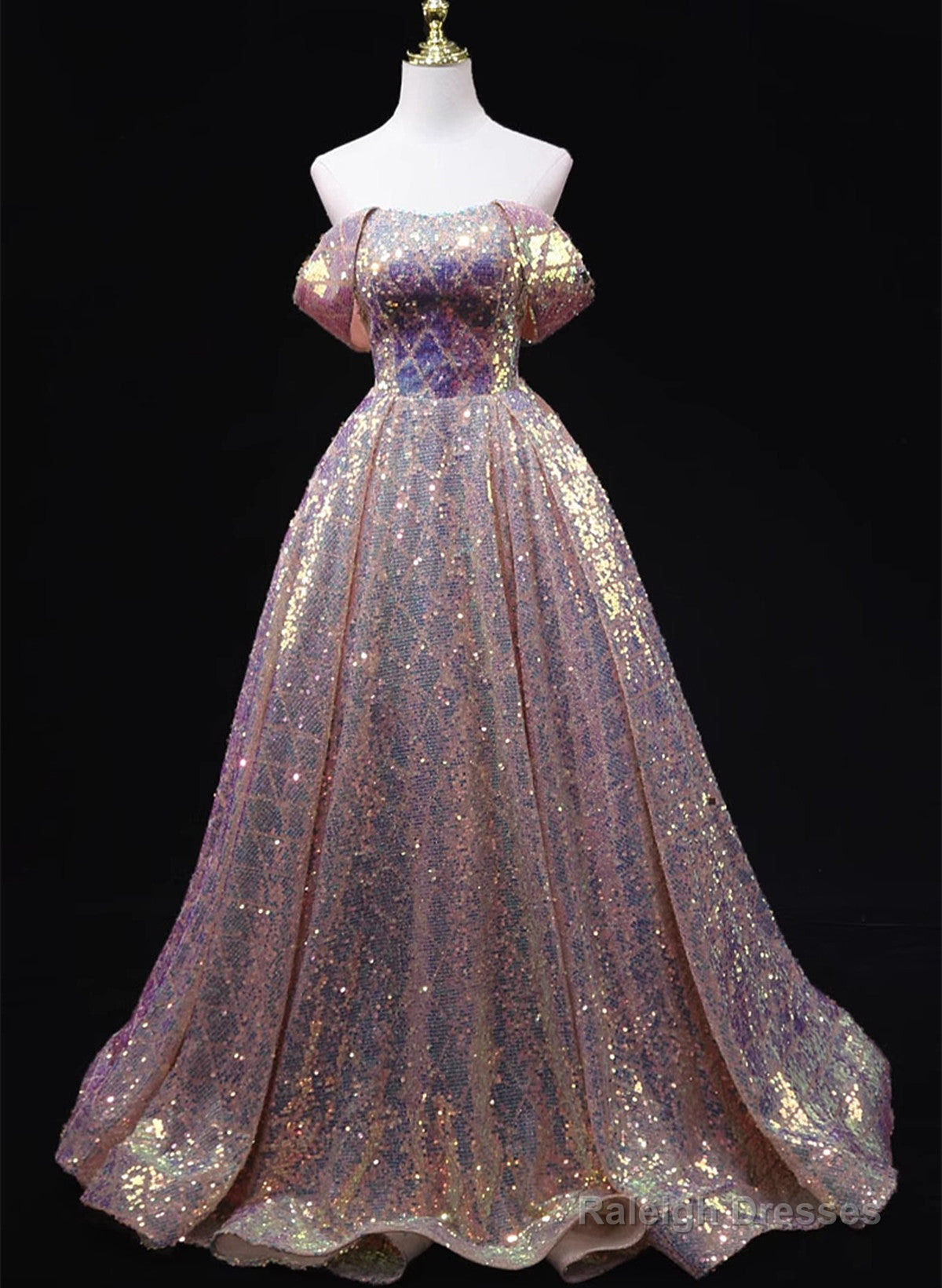 Pink Sequins Off Shoulder A-Line Long Prom Dress, Sequins Evening Dress Main image