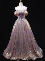 Pink Sequins Off Shoulder A-Line Long Prom Dress, Sequins Evening Dress