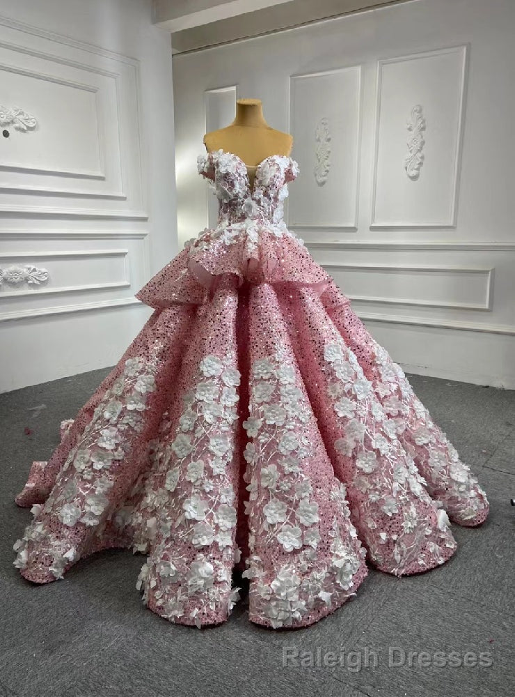 Pink Sequins Off the Shoulder Appliques Prom Dress Main image