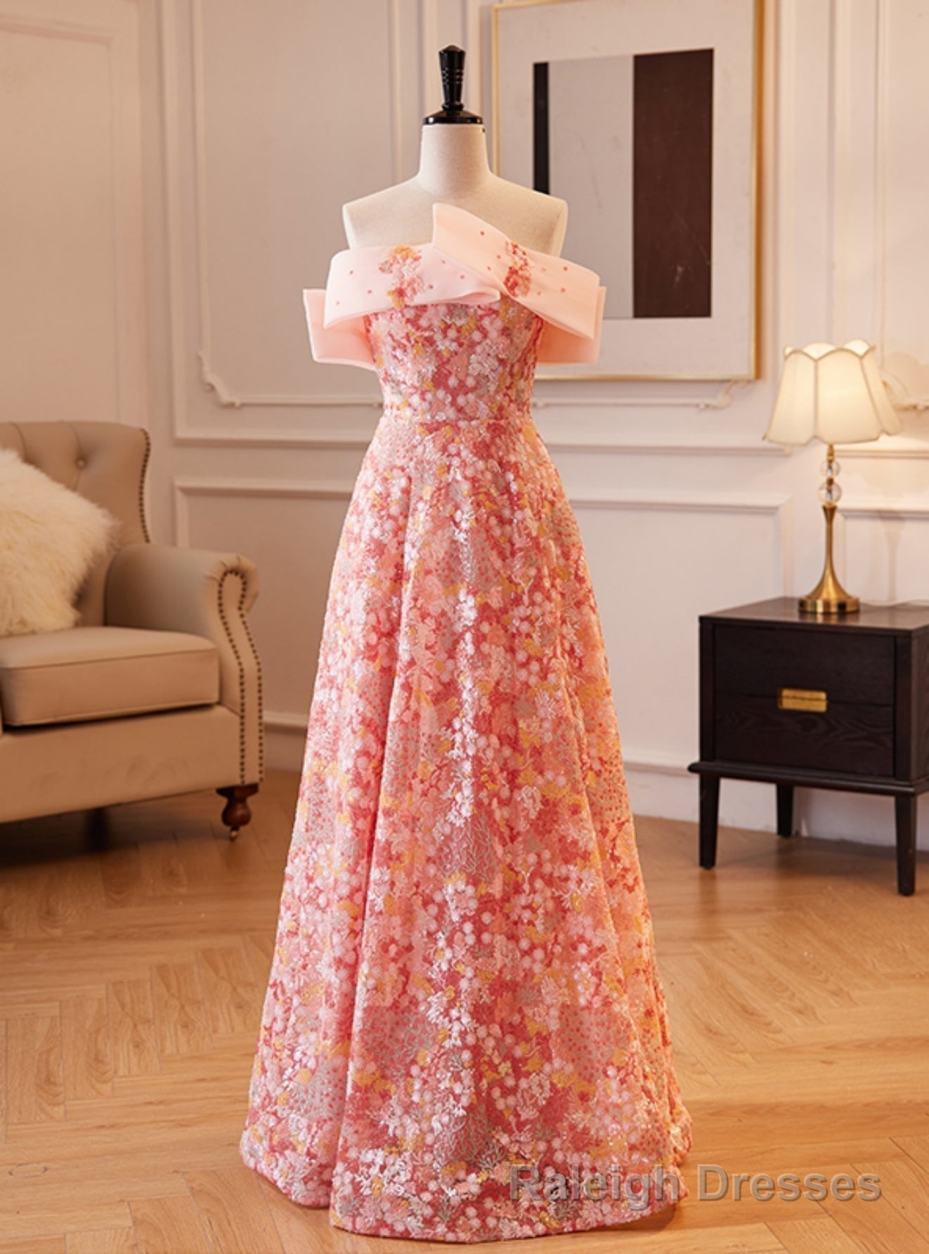 Pink Sequins Off the Shoulder Prom Dress Main image