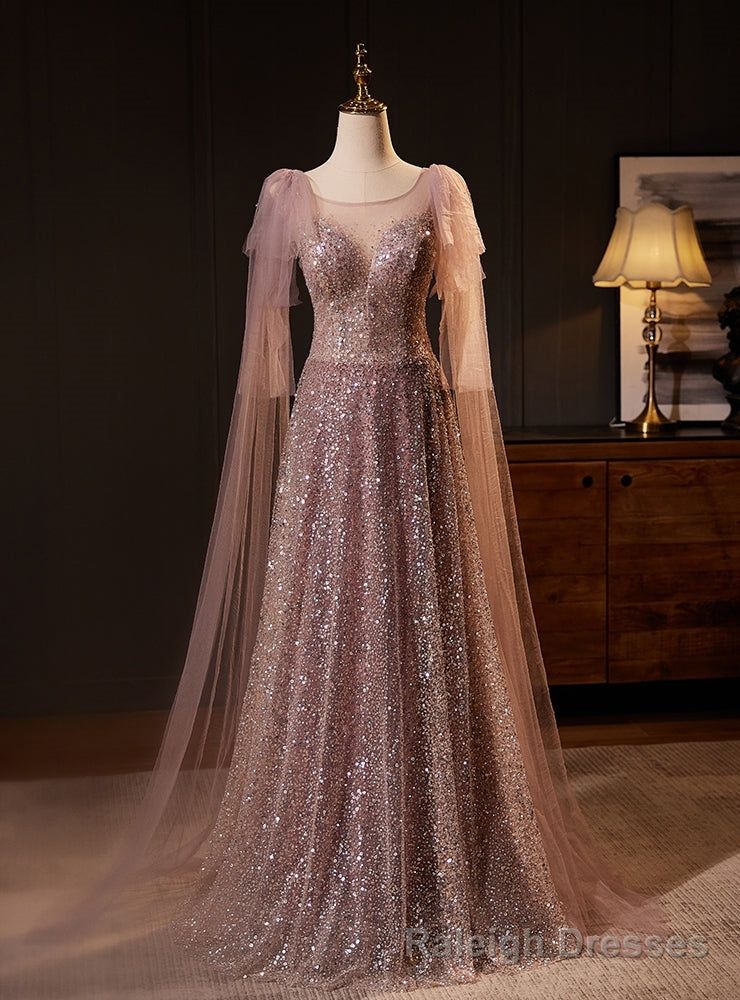 Pink Sequins Scoop Neck Prom Dress Main image