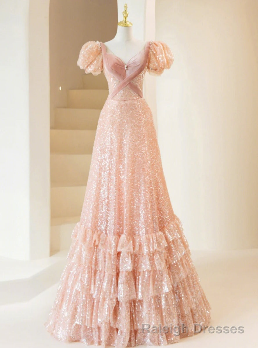 Pink Sequins Short Sleeve Velvet Short Sleeve Prom Dress Main image