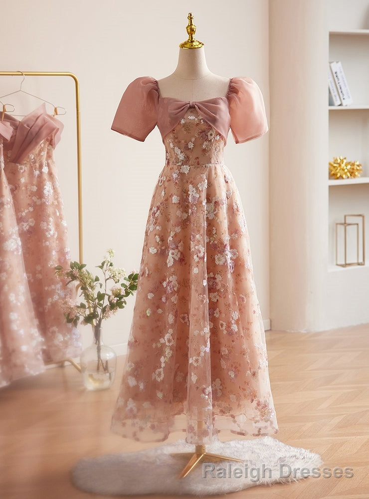 Pink Sequins Square Neck Short Sleeve Prom Dress Main image