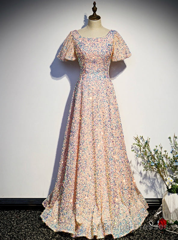 Pink Sequins Square Puff Sleeve Prom Dress