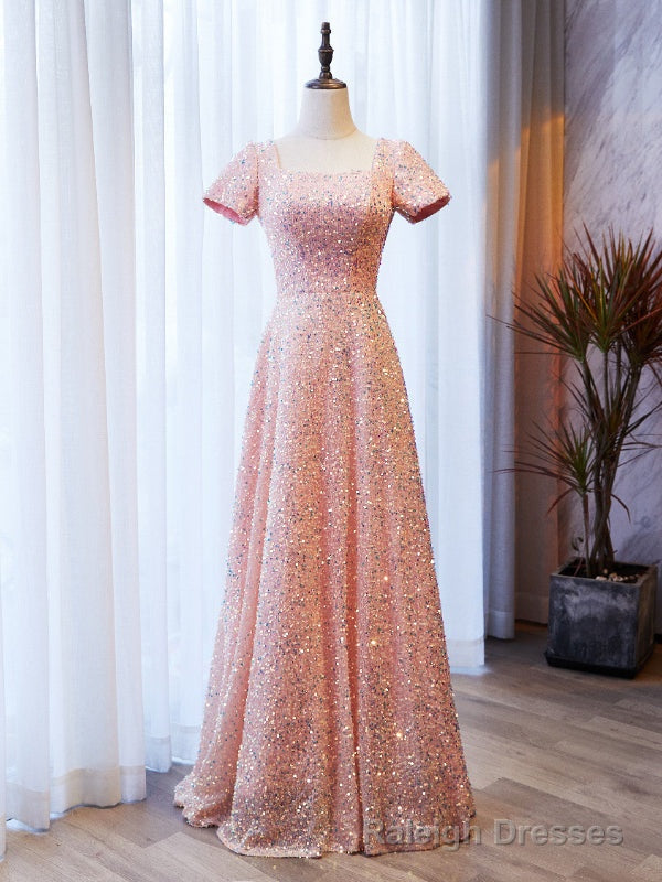 Pink Sequins Square Short Sleeve Prom Dress Main image