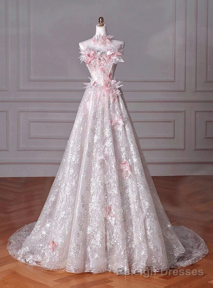 Pink Sequins Strapless 3D Flower Prom Dress Main image