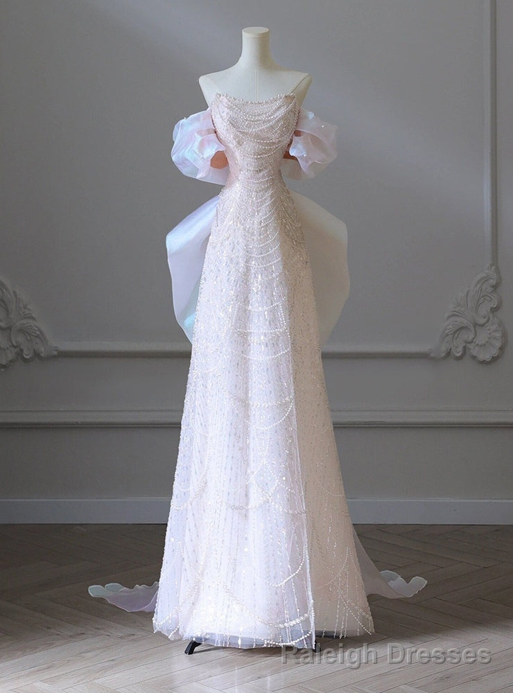 Pink Sequins Strapless Pearls Prom Dress Main image