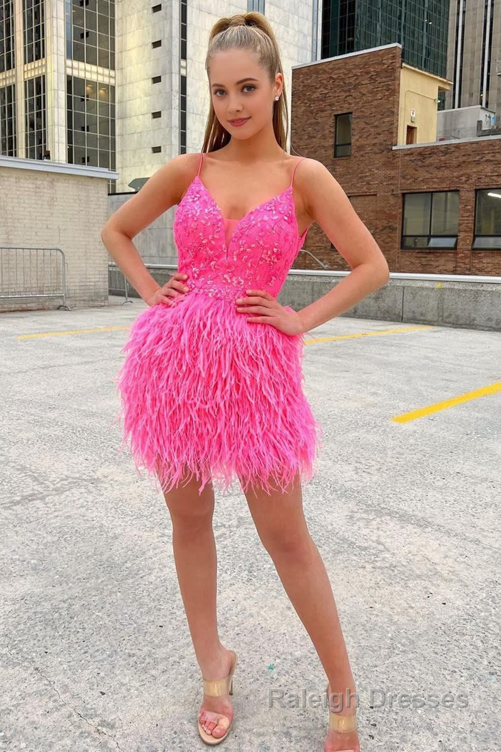 Pink Sequins Tight Homecoming Dress with Feathers Main image