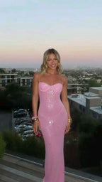Pink Shiny Fashion Elegant Long Mermaid Slim Sequin Ball Gown Evening Dress Party Dress