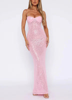 Pink Shiny Fashion Elegant Long Mermaid Slim Sequin Ball Gown Evening Dress Party Dress