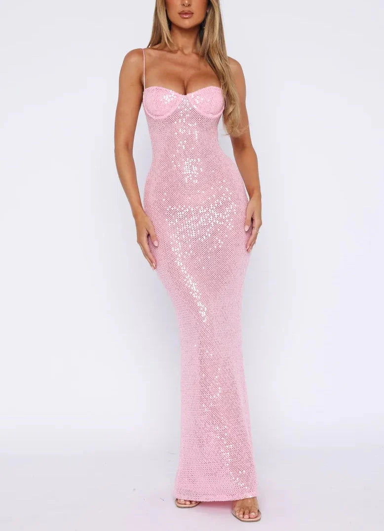 Pink Shiny Fashion Elegant Long Mermaid Slim Sequin Ball Gown Evening Dress Party Dress