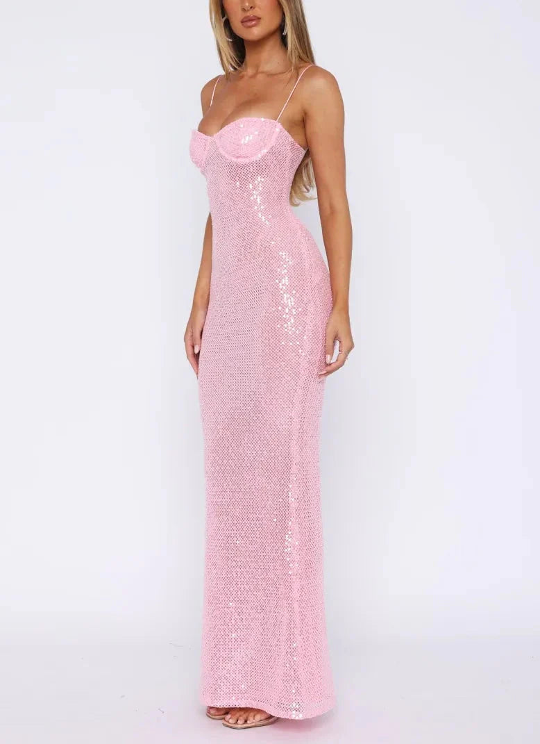 Pink Shiny Fashion Elegant Long Mermaid Slim Sequin Ball Gown Evening Dress Party Dress