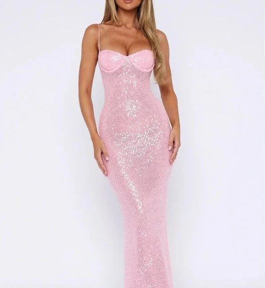 Pink Shiny Fashion Elegant Long Mermaid Slim Sequin Ball Gown Evening Dress Party Dress
