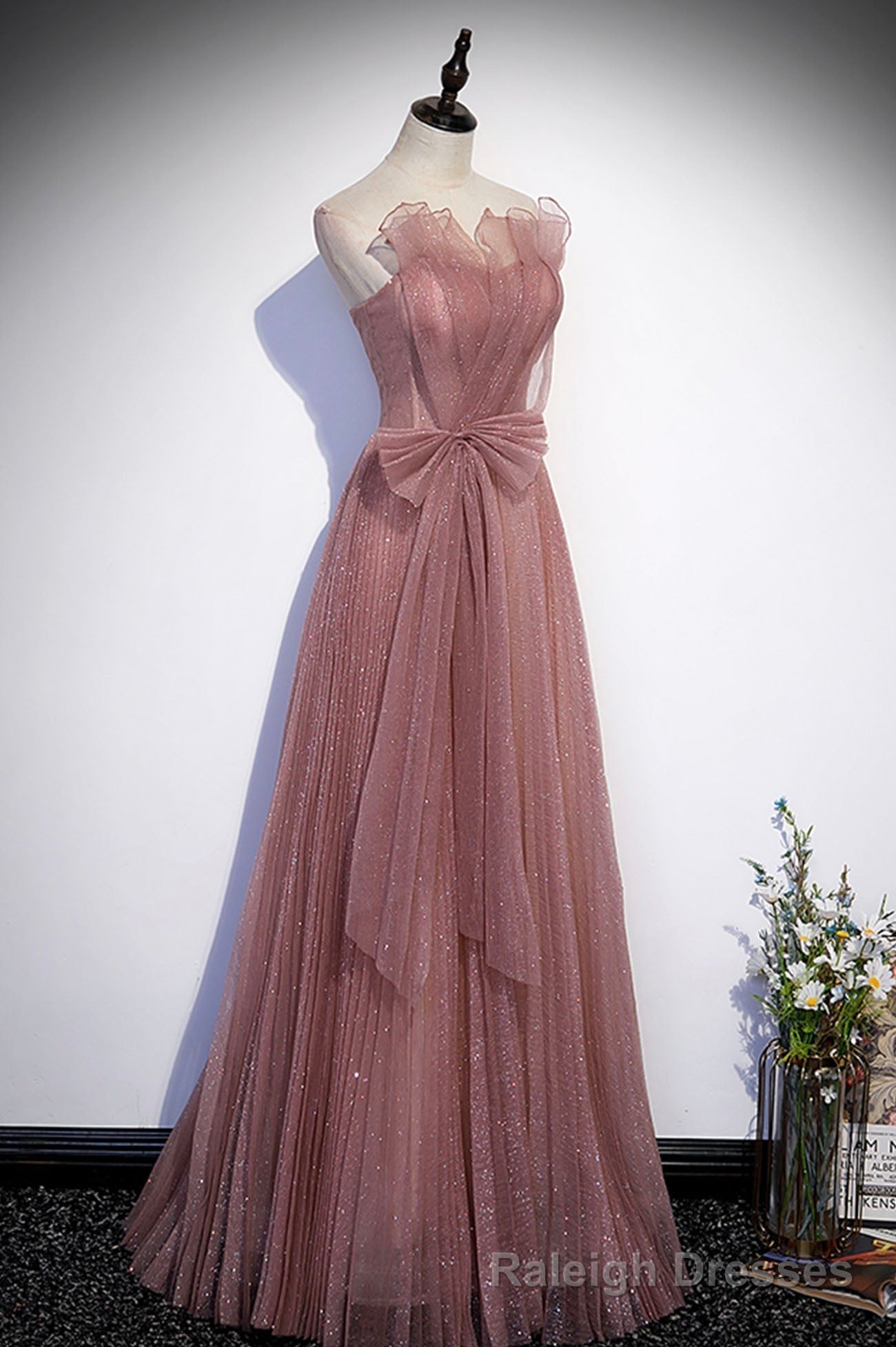 Pink Shiny Tulle Long A-Line Prom Dress, Lovely Strapless Evening Dress Main image