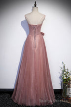 Pink Shiny Tulle Long A Line Prom Dress, Lovely Strapless Prom Dress
