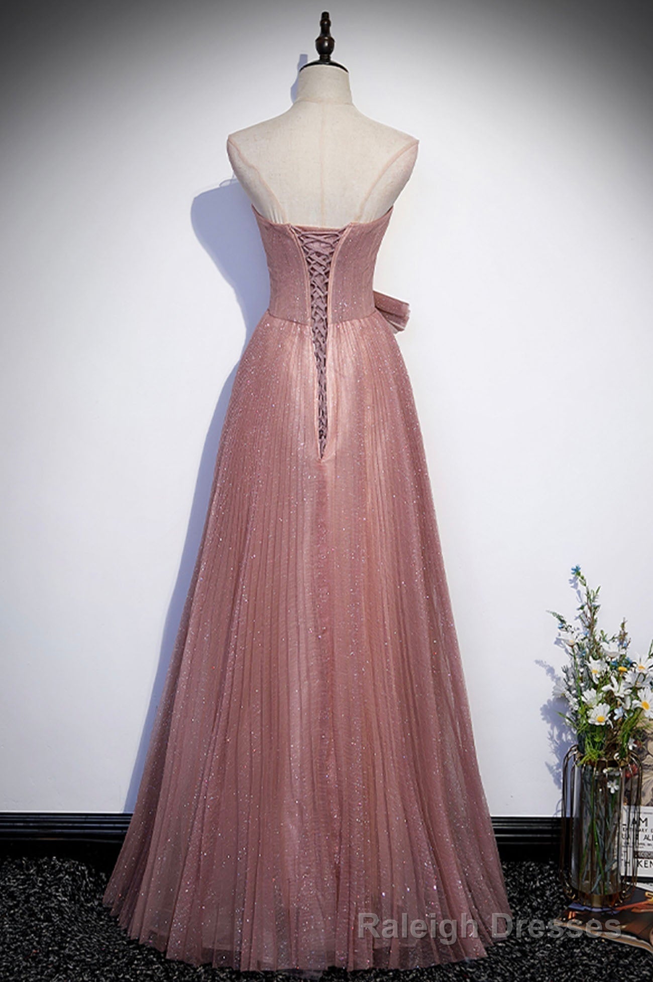 Pink Shiny Tulle Long A Line Prom Dress, Lovely Strapless Prom Dress