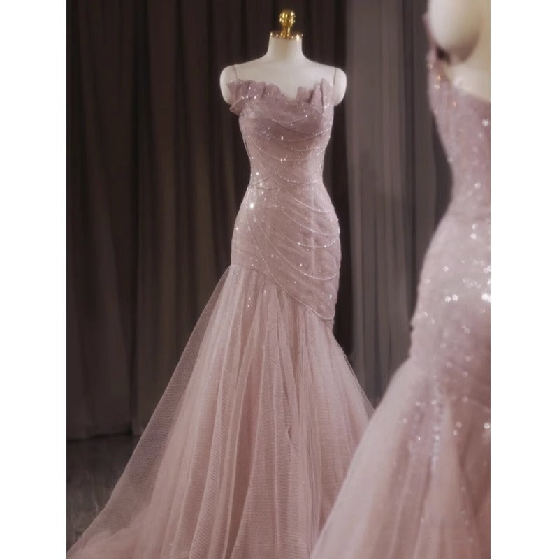 Pink Shiny Tulle Mermaid Prom Dresses Fairy Prom Dresses
