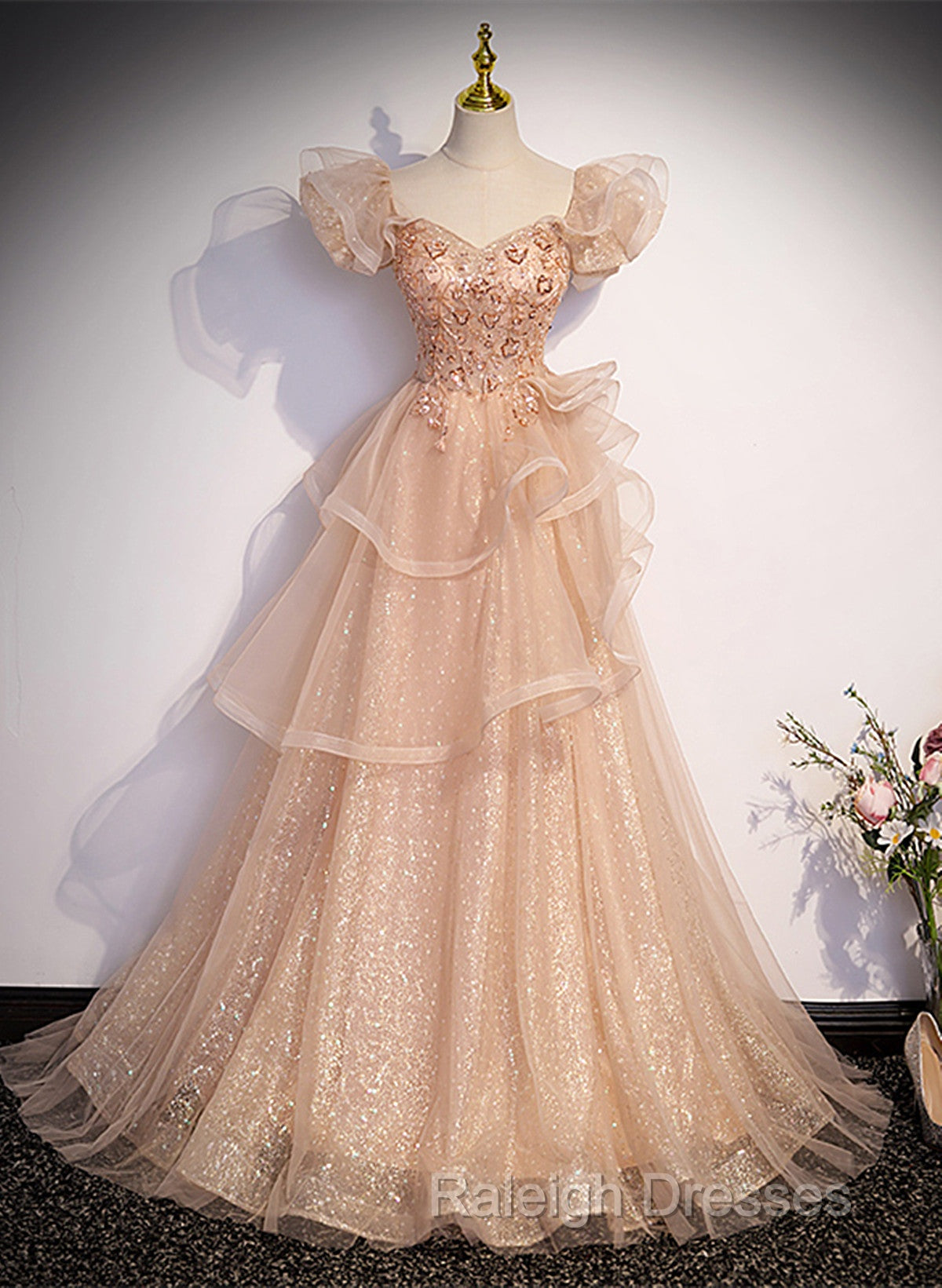 Pink Shiny Tulle Sweetheart Long Layers Party Dress, A-Line Pink Tulle Formal Dress Prom Dress