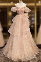 Pink Shiny Tulle Sweetheart Long Layers Party Dress, A-Line Pink Tulle Formal Dress Prom Dress