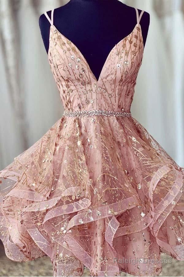 Pink Short Homecoming Dress Sequined Prom Dresses V-Neck Prom Dresses