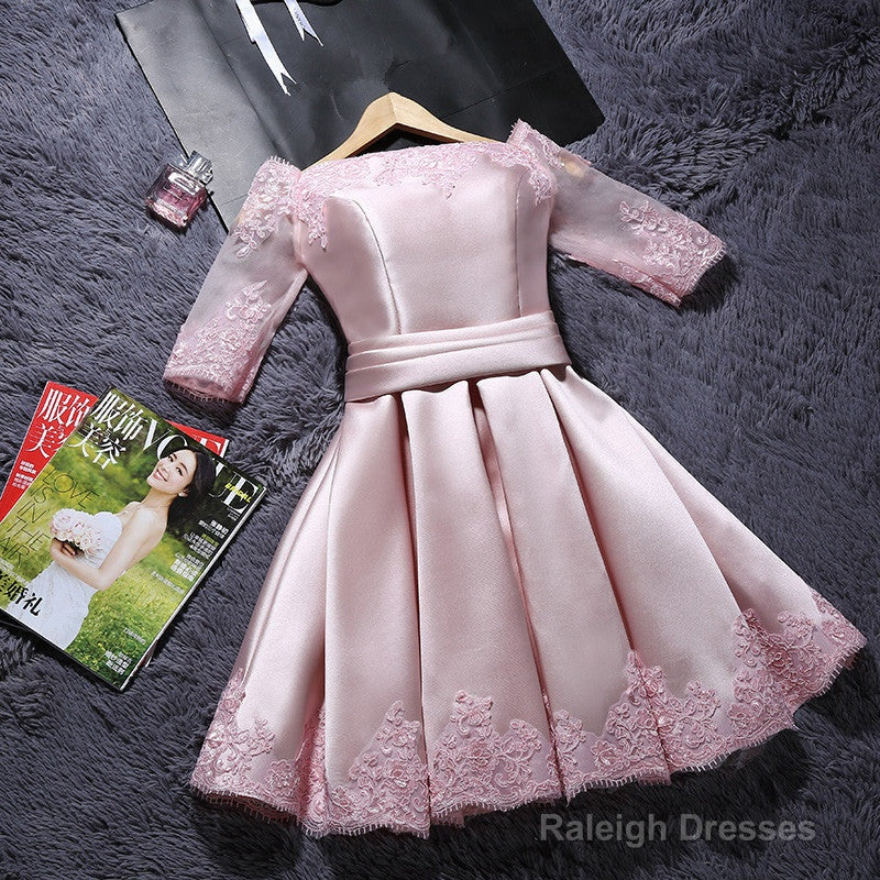 Pink Short Satin With Lace Round Neckline Wedding Party Dresses, Pink Cute Homecoming Dress Secondary image