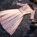Pink Short Satin With Lace Round Neckline Wedding Prom Dress Pink Cute Homecoming Dresses