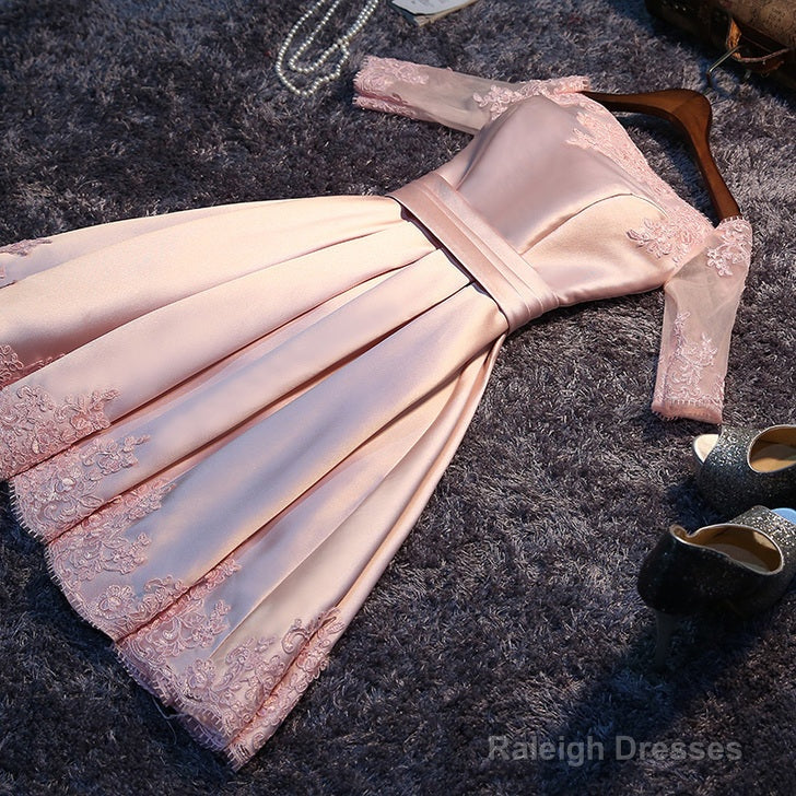 Pink Short Satin With Lace Round Neckline Wedding Prom Dress Pink Cute Homecoming Dresses
