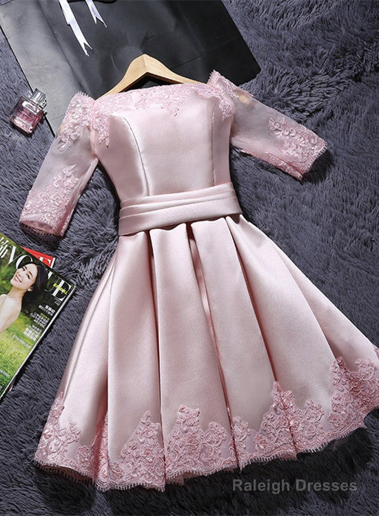 Pink Short Satin With Lace Round Neckline Wedding Party Dresses, Pink Cute Homecoming Dress Main image