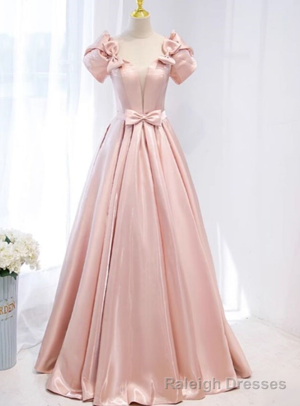 Pink Short Sleeve Bow Prom Dress Main image