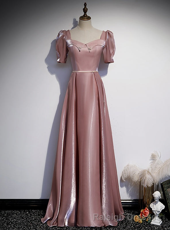 Pink Short Sleeve Square Pearls Prom Dress Main image