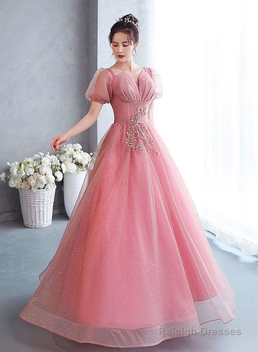 Pink Short Sleeves Beaded Tulle Long Formal Dress, Pink Tulle Prom Dress Evening Dress