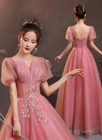 Pink Short Sleeves Beaded Tulle Long Prom Dresses Pink Tulle Prom Dresseses