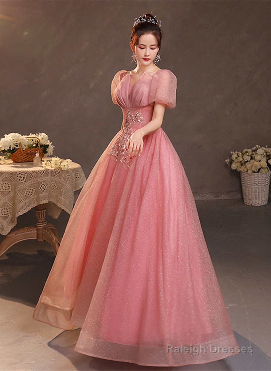 Pink Short Sleeves Beaded Tulle Long Formal Dress, Pink Tulle Prom Dress Evening Dress Main image