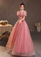 Pink Short Sleeves Beaded Tulle Long Prom Dresses Pink Tulle Prom Dresseses