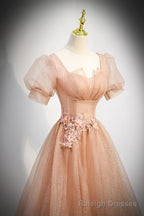 Pink Short Sleeves Tulle Prom Dress, A Line Flower Lace Prom Dress