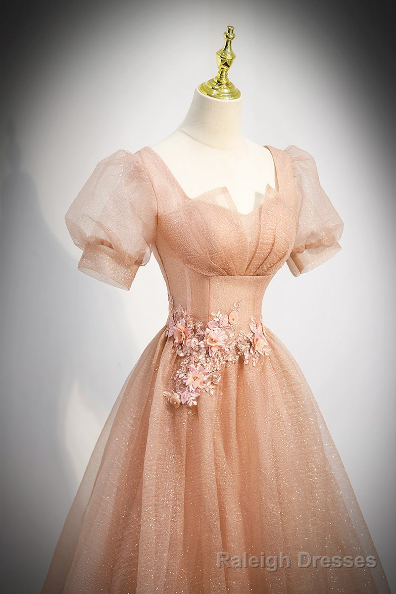 Pink Short Sleeves Tulle Prom Dress, A Line Flower Lace Prom Dress