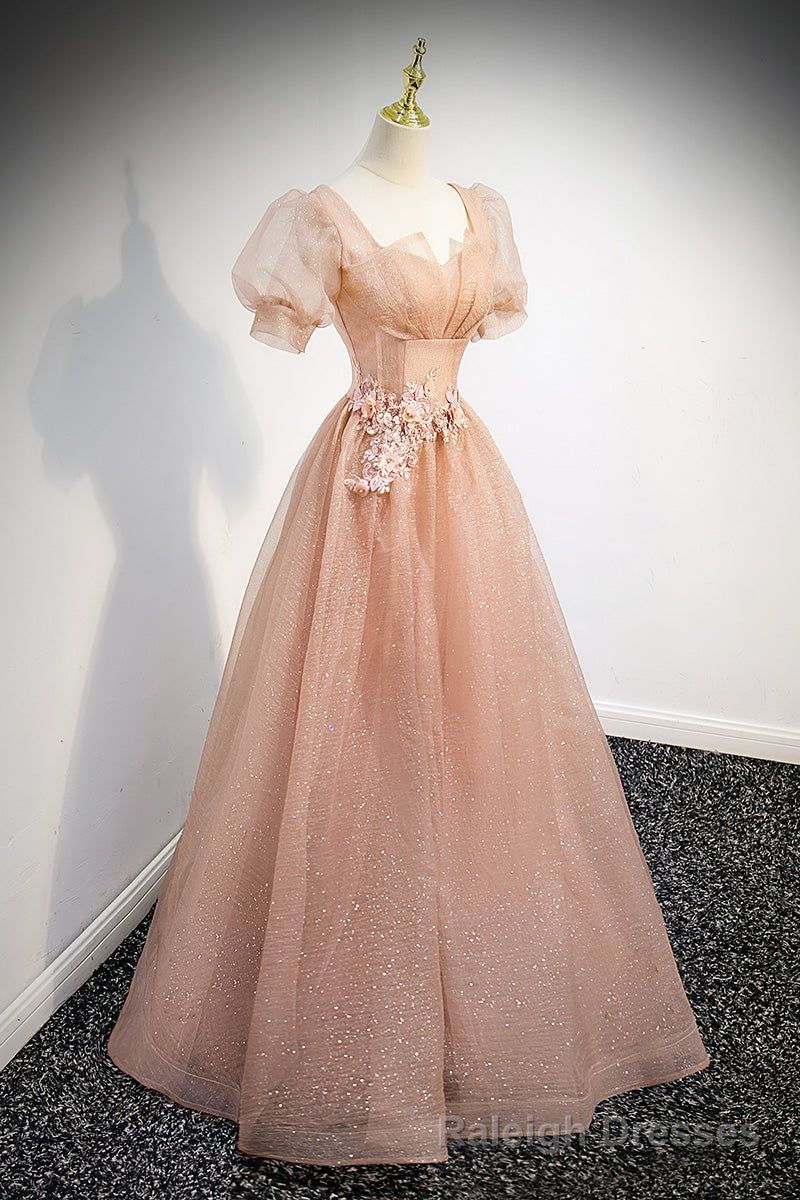 Pink Short Sleeves Tulle Prom Dress, A Line Flower Lace Prom Dress