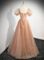 Pink Short Sleeves Tulle Prom Dress, A Line Flower Lace Prom Dress
