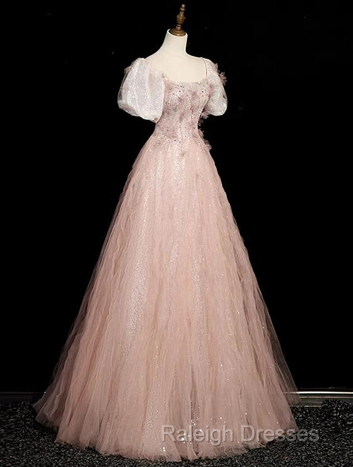 Pink Short Sleeves Tulle Sequins Long Party Dress, Pink Tulle Prom Dress Secondary image