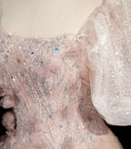 Pink Short Sleeves Tulle Sequins Long Party Dress, Pink Tulle Prom Dress