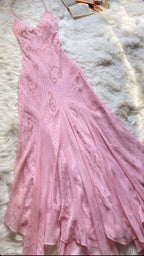 Pink Spaghetti Strap Beaded A-Line Long Elegant Ball Gown Evening Dress Party Dress