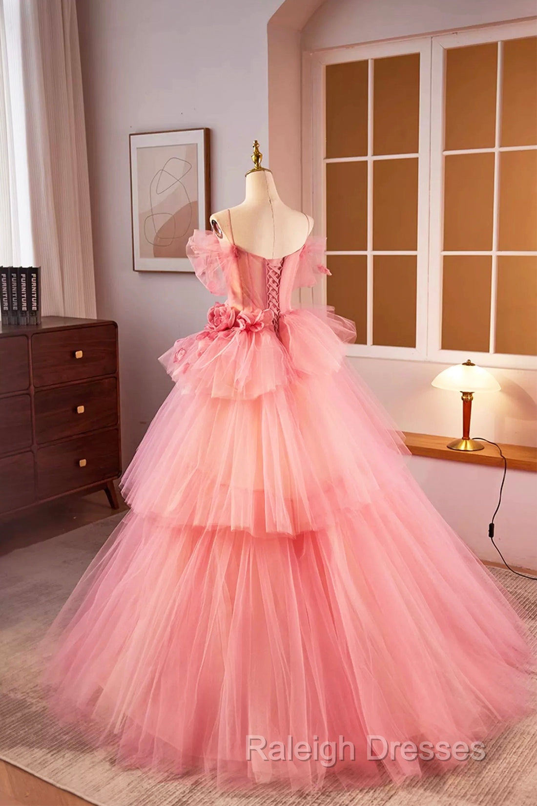 Pink Spaghetti Strap Tulle Long Prom Dress, Beautiful A-Line Formal Sweet 16 Dress Secondary image