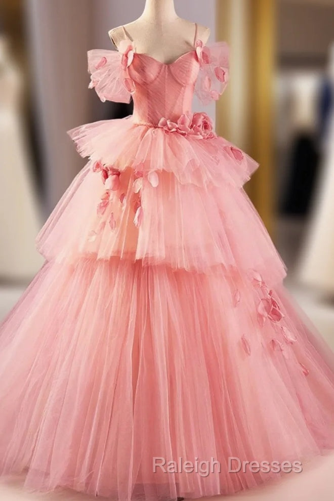 Pink Spaghetti Strap Tulle Long Prom Dress, Beautiful A-Line Formal Sweet 16 Dress Main image
