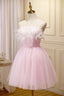 Pink Spaghetti Strap Tulle Short Prom Dress with Feather, Pink Prom Dress