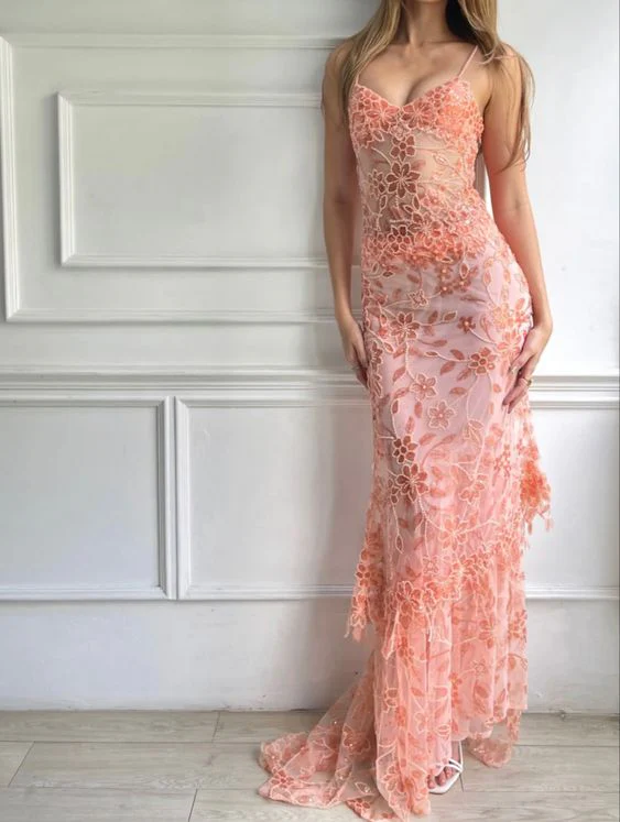 Pink Spaghetti Straps Lace Beading Gorgeous Mermaid Prom Dresses