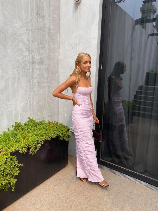Pink Spaghetti Straps Pleated Long Prom Dresses Wedding Guest Dresses