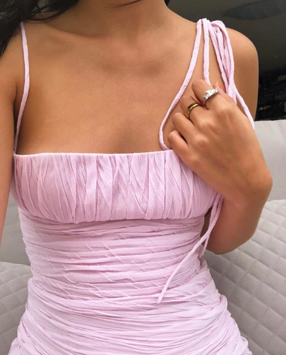 Pink Spaghetti Straps Pleated Long Prom Dresses Wedding Guest Dresses