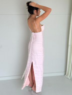 Pink Spaghetti Straps Pleated Long Prom Dresses Wedding Guest Dresses
